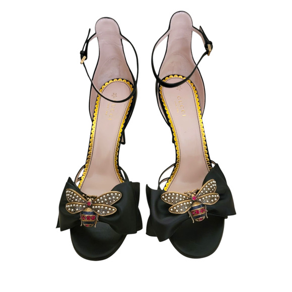 Gucci Bee Queen Margaret High Heels Sandals Bow Black Leather 8 38 New - Picture 4 of 12